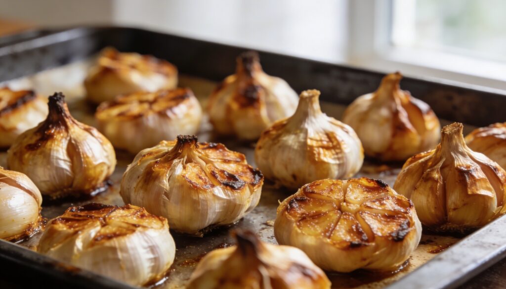Golden brown caramelized roasted garlic cloves in a ceramic dish, ready to be spread.