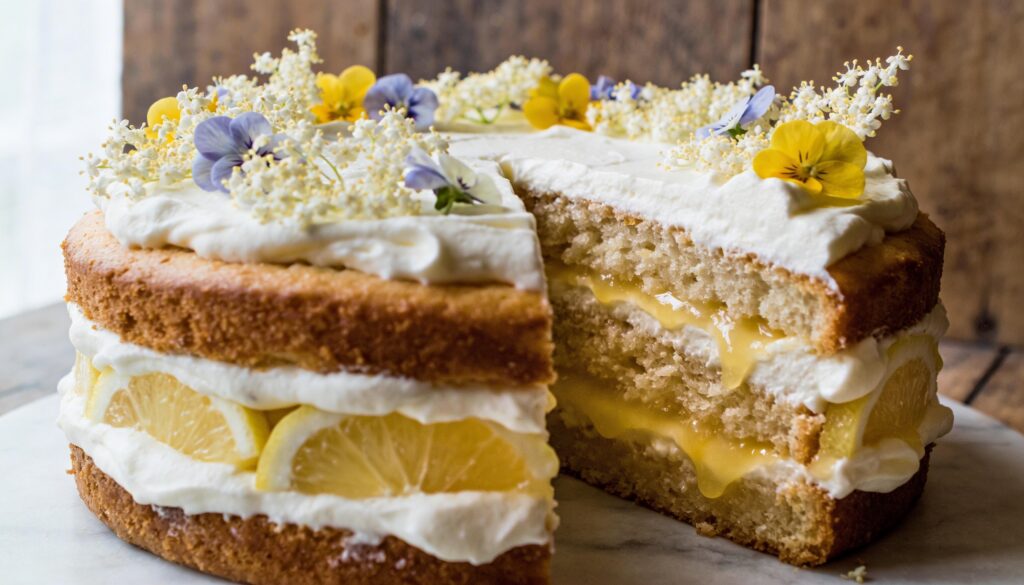 Whole Make-Ahead Lemon Curd Layer Cake with Elderflower Whipped Cream and Fresh Flowers for Easter