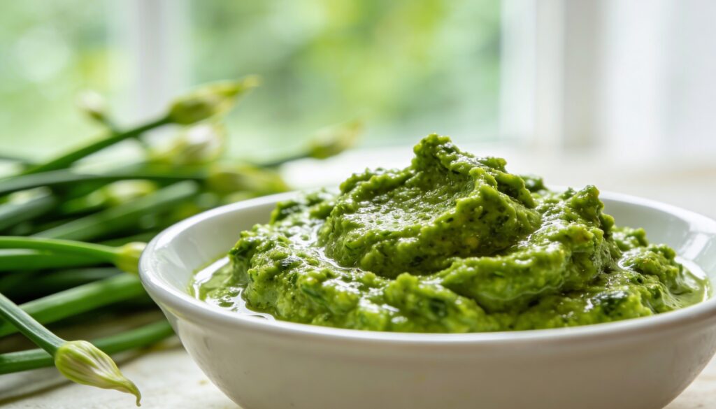 Vibrant green garlic scape pesto served in a white bowl, garnished with fresh basil and parmesan, on a rustic wooden surface.