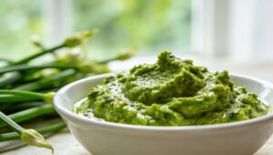 Vibrant green garlic scape pesto served in a white bowl, garnished with fresh basil and parmesan, on a rustic wooden surface.