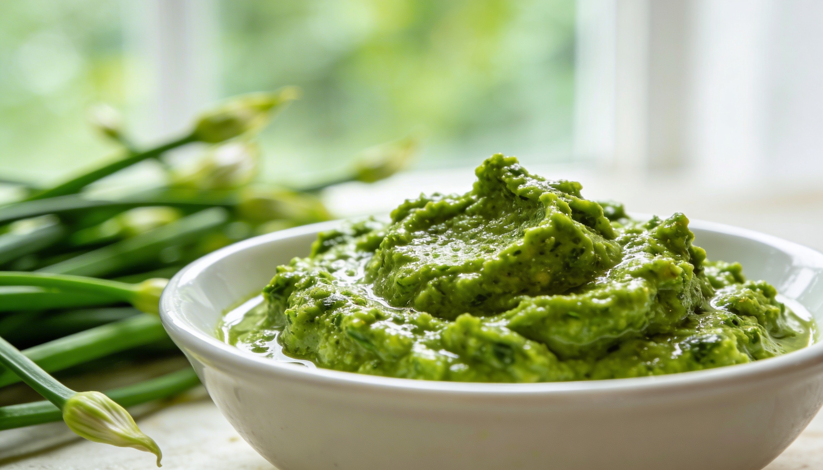 Vibrant green garlic scape pesto served in a white bowl, garnished with fresh basil and parmesan, on a rustic wooden surface.