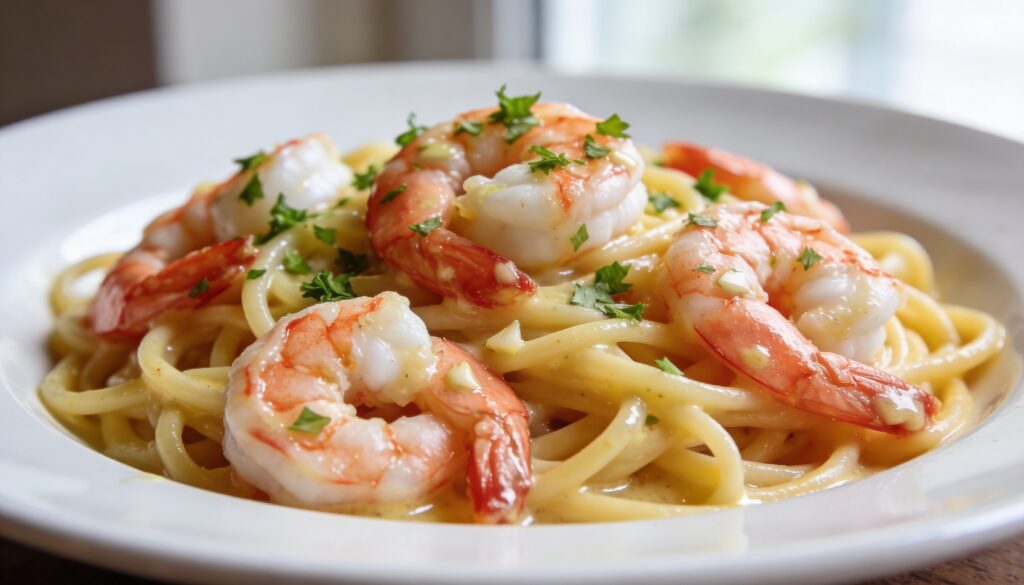 A close-up of a serving of 18-minute garlic butter shrimp pasta, featuring plump shrimp, linguine, fresh parsley, and lemon wedges on a white plate.