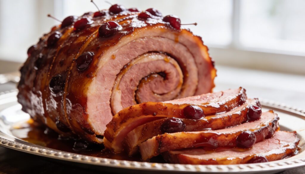 A perfectly roasted cherry-honey glazed spiral ham, glistening on a serving platter, ready for an Easter feast.