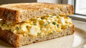 Creamy herb-flecked egg salad sandwich on thick-cut sourdough bread with a side of chips