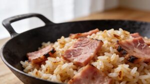 A close-up shot of a steaming bowl of ham fried rice, garnished with green onions, showing diced ham, peas, and scrambled egg.