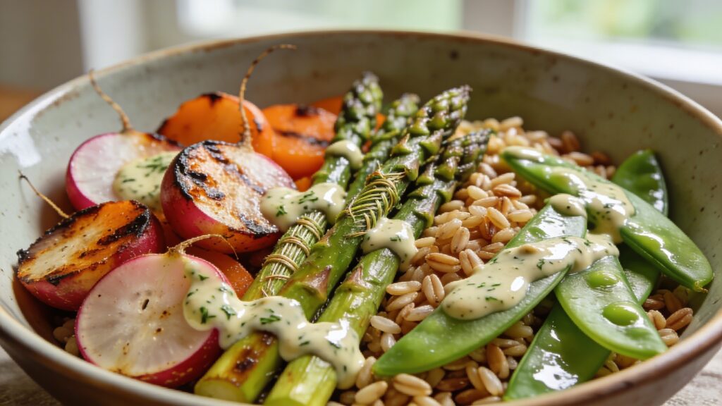 Overhead view of a colorful spring farmer's market bowl featuring roasted radishes, asparagus, sugar snap peas, farro, and a herb-tahini dressing