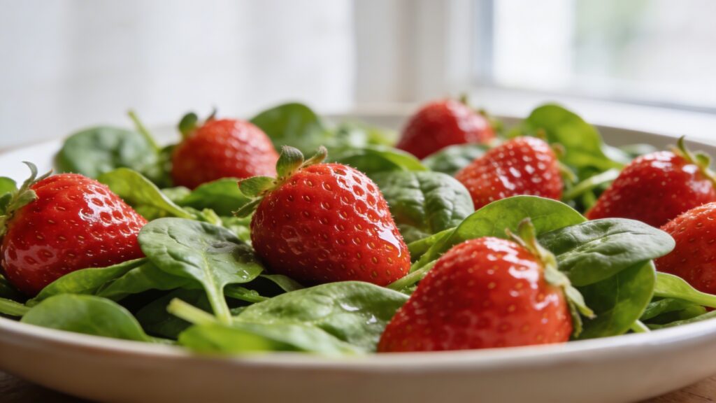 Close-up of a vibrant Spring Strawberry Spinach Salad with candied pecans, goat cheese, and poppy seed dressing, ready to serve in a large white bowl.