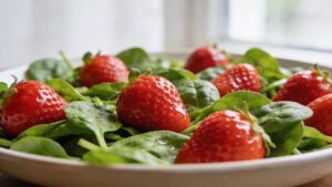 Close-up of a vibrant Spring Strawberry Spinach Salad with candied pecans, goat cheese, and poppy seed dressing, ready to serve in a large white bowl.