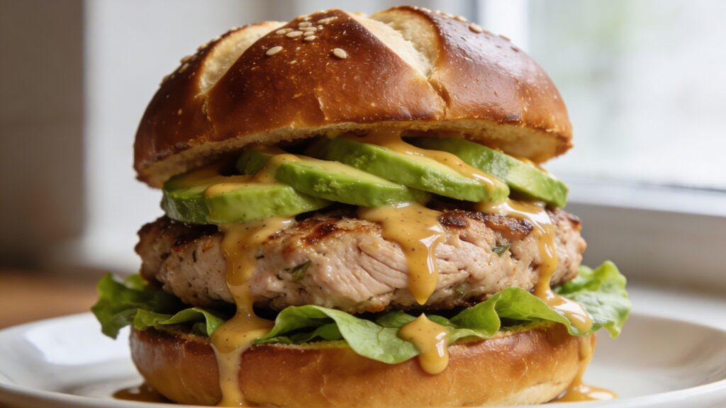 Two juicy turkey burgers on pretzel buns with avocado, lettuce, and honey mustard, ready for a spring cookout.