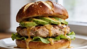 Two juicy turkey burgers on pretzel buns with avocado, lettuce, and honey mustard, ready for a spring cookout.