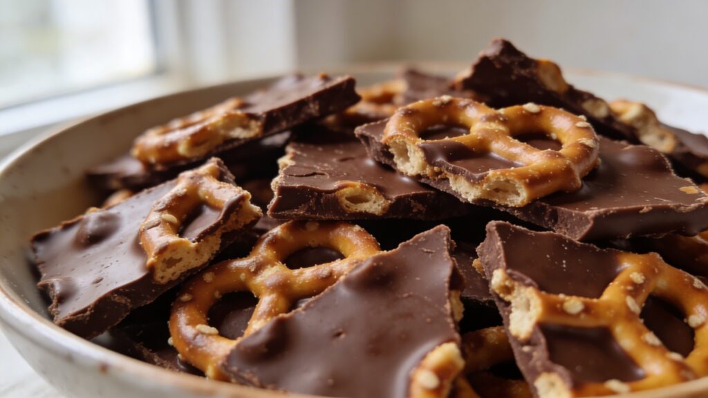 Home Close-up of broken shards of chocolate pretzel bark, featuring dark chocolate, crunchy pretzels, and sparkling flaky sea salt.