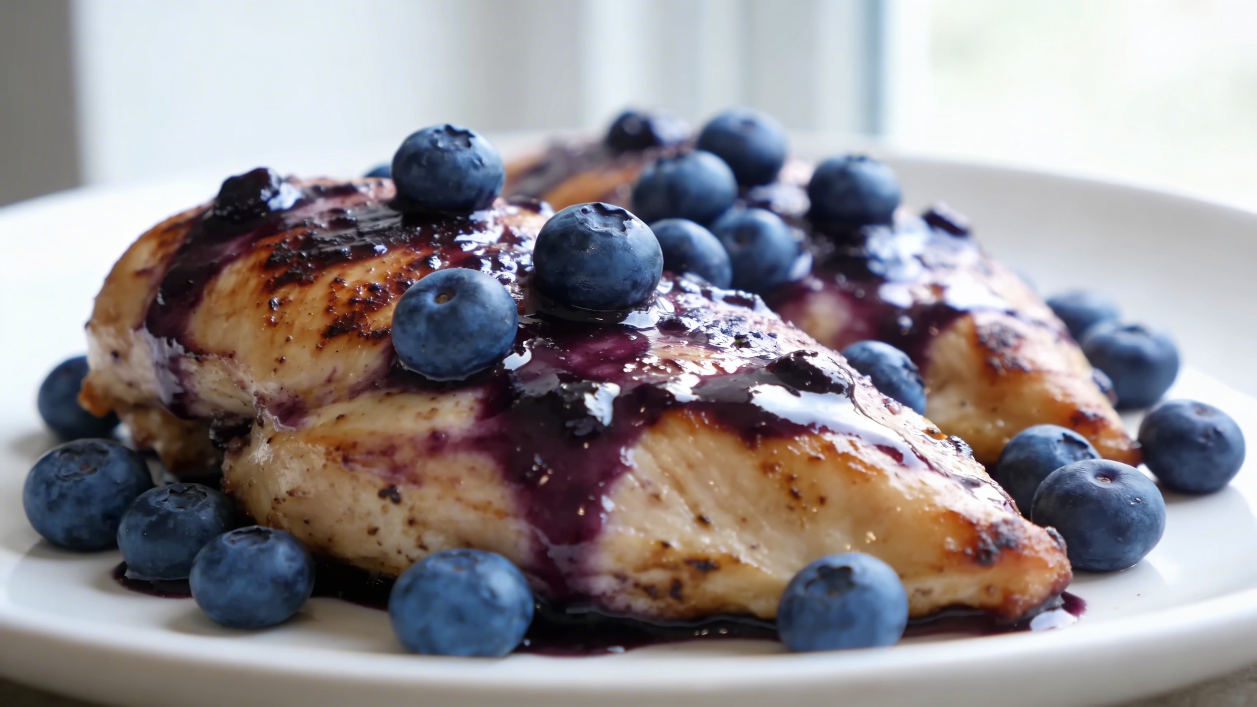 Pan-seared chicken breasts coated in a glossy blueberry balsamic glaze, garnished with fresh thyme.