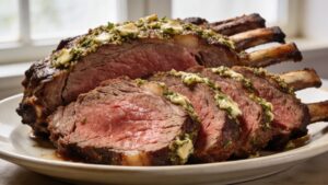 Close-up of a beautifully crusted standing rib roast, sliced to reveal a perfect medium-rare center, with a golden garlic herb butter crust.