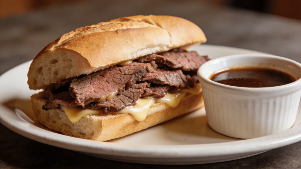 A Prime Rib French Dip Sandwich served with a side of au jus