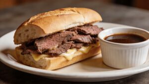 A Prime Rib French Dip Sandwich served with a side of au jus