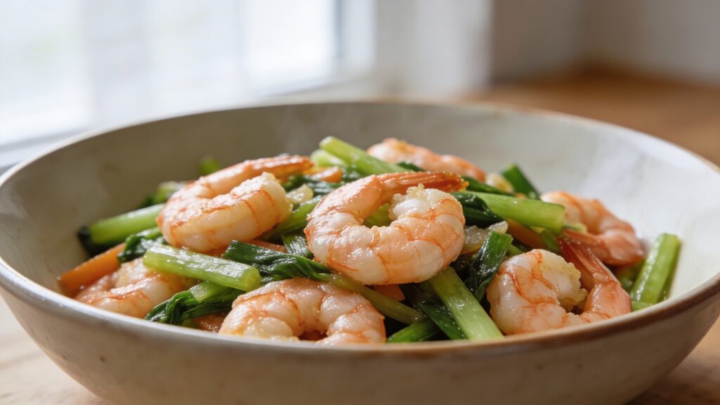 A vibrant bowl of 15-Minute Shrimp & Spring Vegetable Stir-Fry with plump pink shrimp, bright green snap peas, bok choy, and spring onions, garnished with fresh herbs.