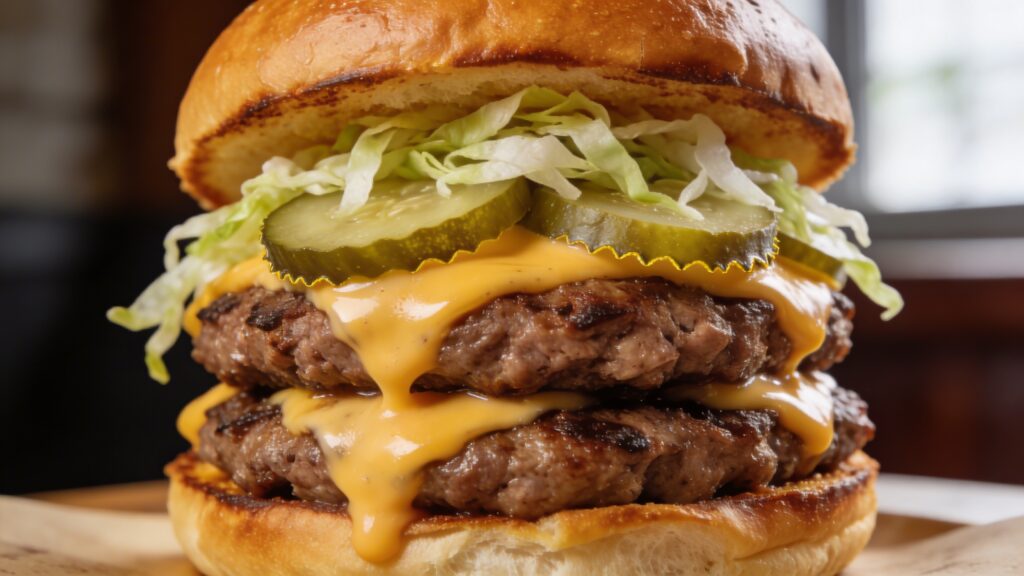Close-up of a double patty smash burger with crispy edges, melted American cheese, dill pickles, shredded lettuce, and tangy special sauce on a toasted bun.