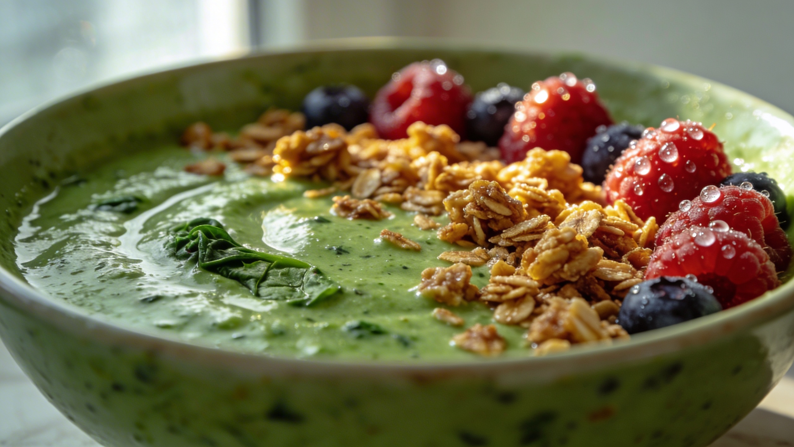 Vibrant green smoothie bowl topped with fresh berries, nuts, and seeds, ready for a clean eating spring reset.