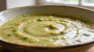 A hearty bowl of blended ugly produce soup, garnished with herbs, ready to enjoy.