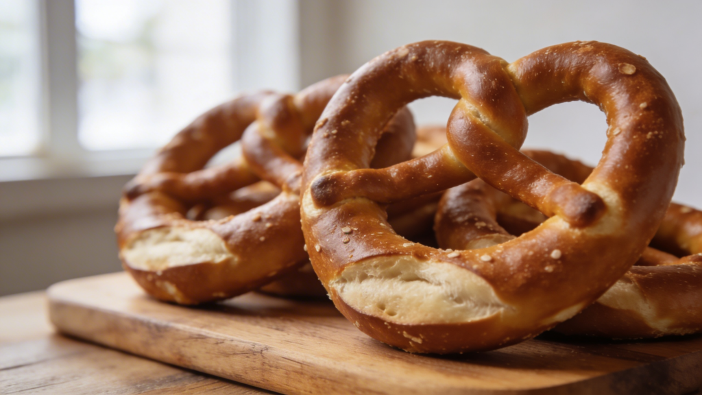 Golden-brown, pillowy giant soft pretzels fresh from the oven, sprinkled with coarse salt