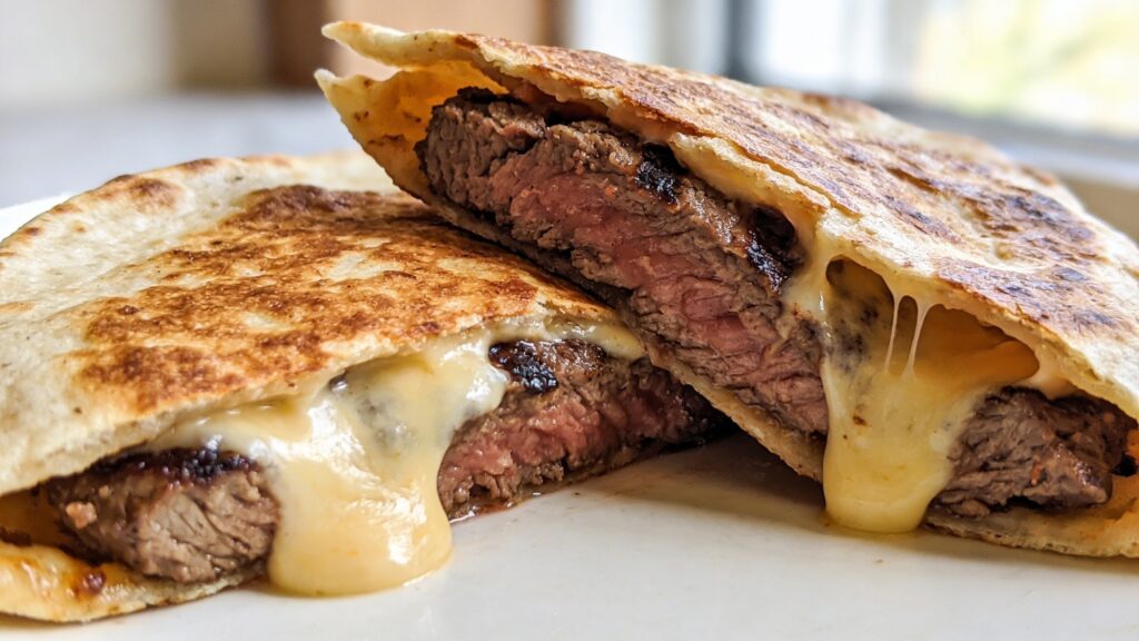 Two golden-brown quick steak quesadillas, sliced in half, served on a plate with fresh cilantro and lime wedges.