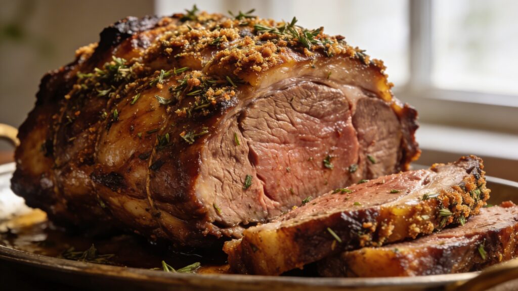 Close-up of a perfectly cooked prime rib roast, medium-rare, with a crispy herb crust, garnished for serving.