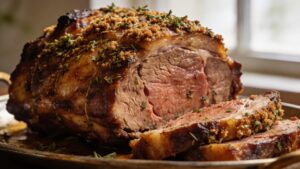 Close-up of a perfectly cooked prime rib roast, medium-rare, with a crispy herb crust, garnished for serving.