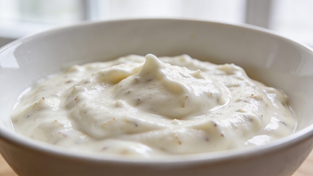 A bowl of creamy horseradish sauce with fresh chives, served alongside slices of roasted prime rib on a wooden board.