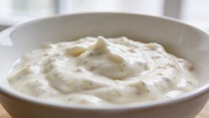 A bowl of creamy horseradish sauce with fresh chives, served alongside slices of roasted prime rib on a wooden board.