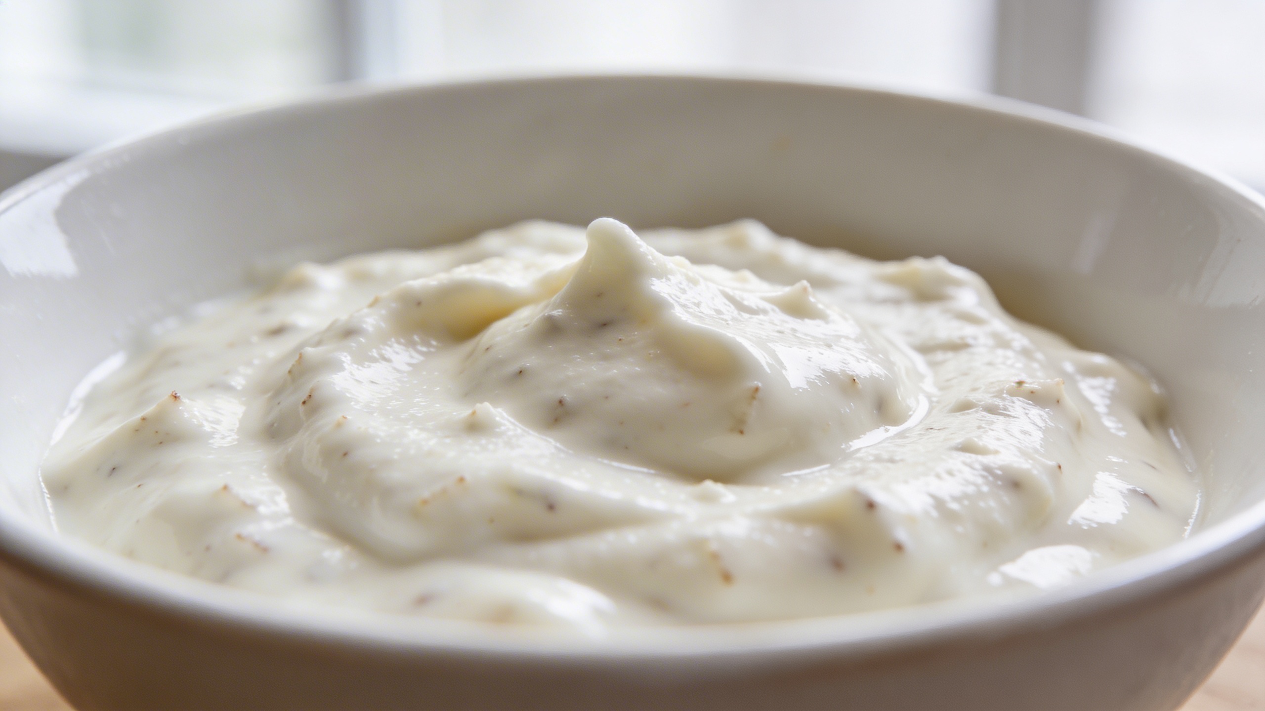 A bowl of creamy horseradish sauce with fresh chives, served alongside slices of roasted prime rib on a wooden board.