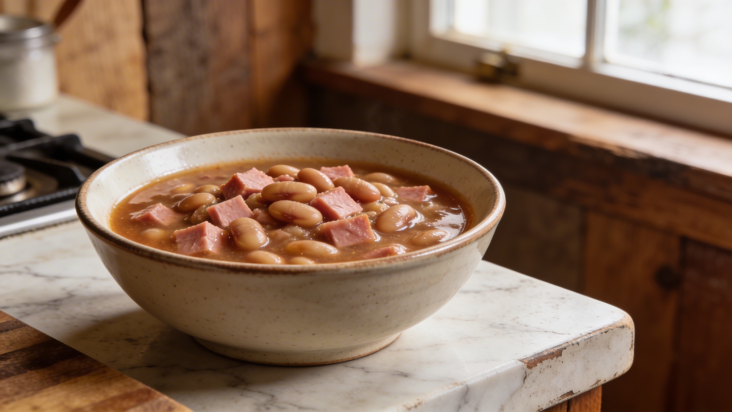 Close-up of a steaming bowl of Ham & Bean Soup, garnished with fresh parsley, highlighting navy beans, carrots, celery, and savory ham in a rich, smoky broth.