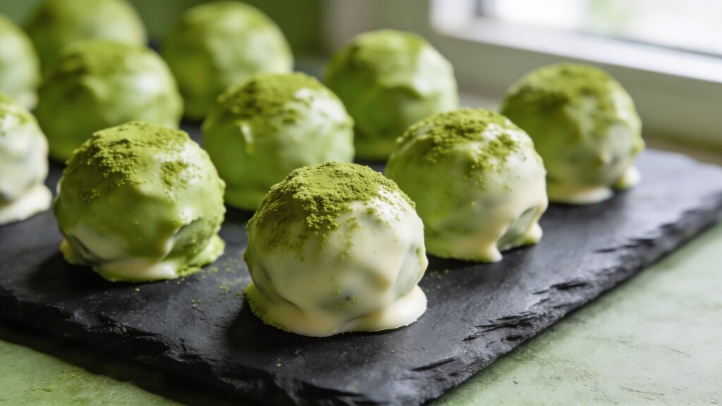 Vibrant green matcha white chocolate truffles dusted with matcha powder on a white plate