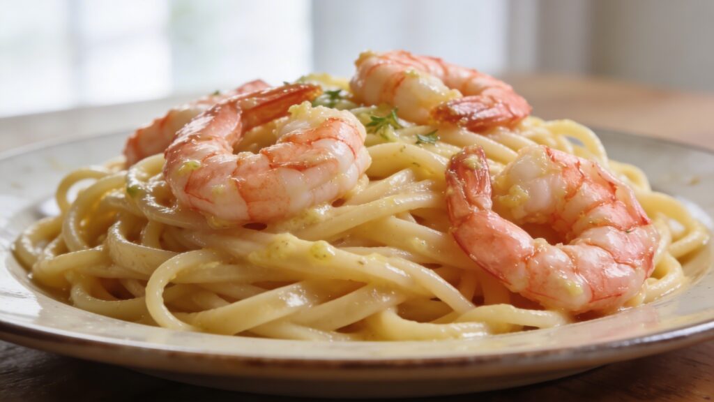 A delicious bowl of garlic butter shrimp pasta with plump shrimp, al dente pasta, and fresh parsley garnish