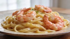 A delicious bowl of garlic butter shrimp pasta with plump shrimp, al dente pasta, and fresh parsley garnish