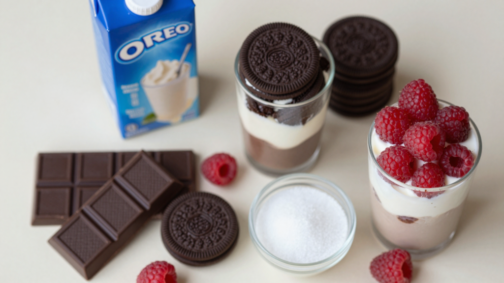 Ingredients for chocolate parfait arranged on counter: dark chocolate, fresh raspberries, Oreo cookies, heavy cream, sugar, and vanilla extract