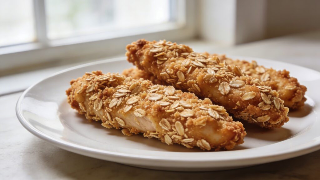 Golden brown crispy oat-crusted chicken tenders arranged on a baking sheet fresh from the oven, with fresh herbs and lemon wedges for garnish