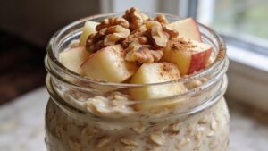A glass jar filled with apple pie overnight oats, topped with diced apple, walnuts, and a sprinkle of cinnamon