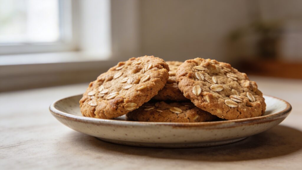 A stack of soft, golden-brown oatmeal cookies with melted dark chocolate chips, served on a rustic wooden board.