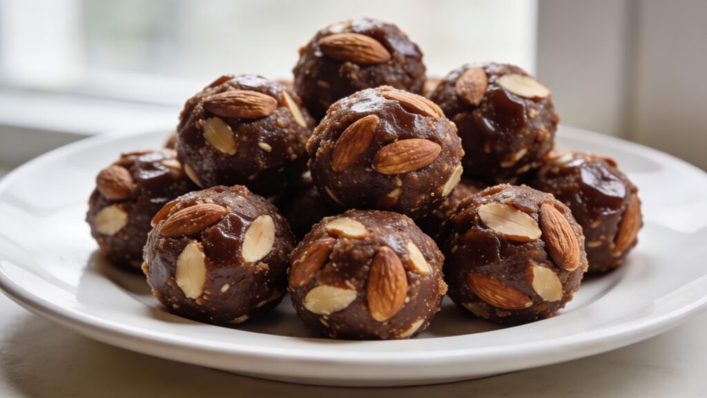 A close-up photo of rich, fudgy date almond energy truffles dusted with raw cacao powder, arranged on a rustic wooden board with almonds and dates scattered around.