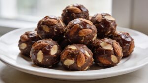 A close-up photo of rich, fudgy date almond energy truffles dusted with raw cacao powder, arranged on a rustic wooden board with almonds and dates scattered around.