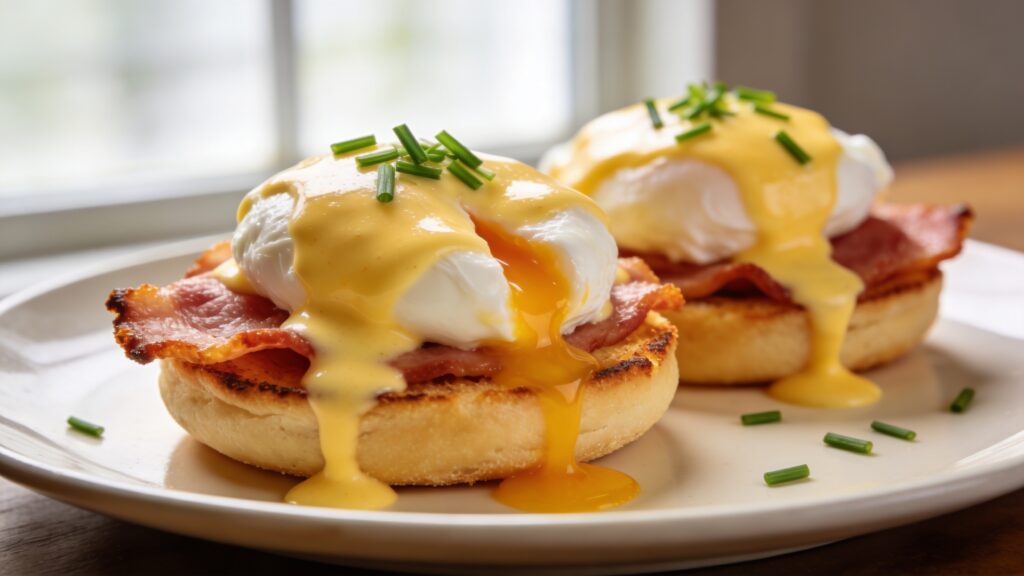 Plated classic eggs Benedict with poached eggs and hollandaise sauce on Mother's Day table