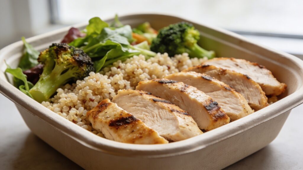 Overhead view of a prepared simple healthy chicken bowl with roasted vegetables, rice, and sauce, ready for meal prep.