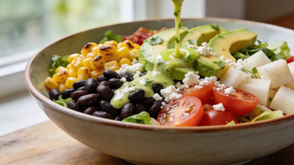 Colorful bowl of Mexican chopped salad with black beans, corn, avocado, tomatoes, and cotija cheese drizzled with cilantro lime dressing