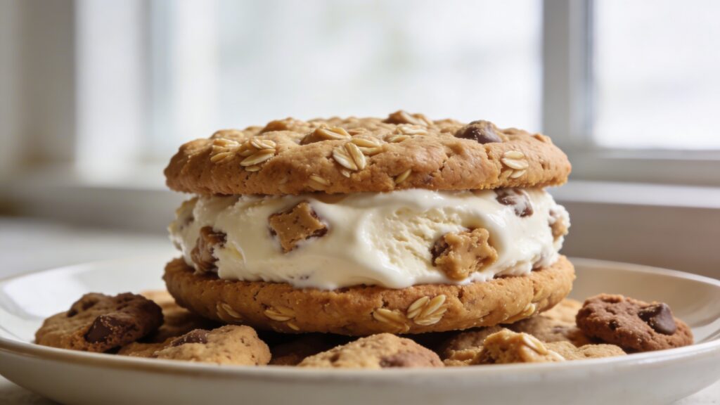 A cross-section view of an oatmeal cookie dough ice cream sandwich showing the thick layer of vanilla ice cream between two heat-treated cookie dough rounds, sprinkled with oats