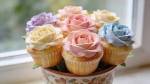 Pastel buttercream rose cupcakes arranged in a bouquet on a white plate