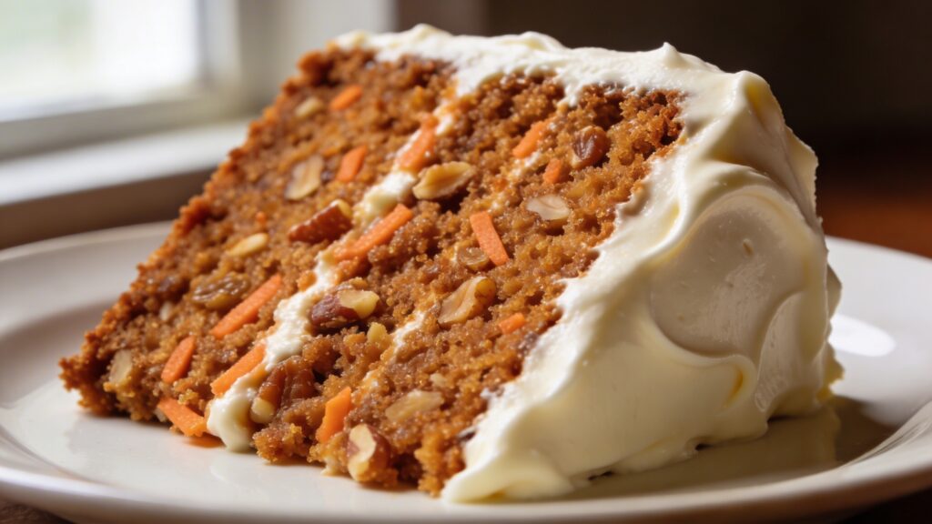 A slice of homemade carrot cake with cream cheese frosting on a plate