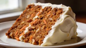 A slice of homemade carrot cake with cream cheese frosting on a plate