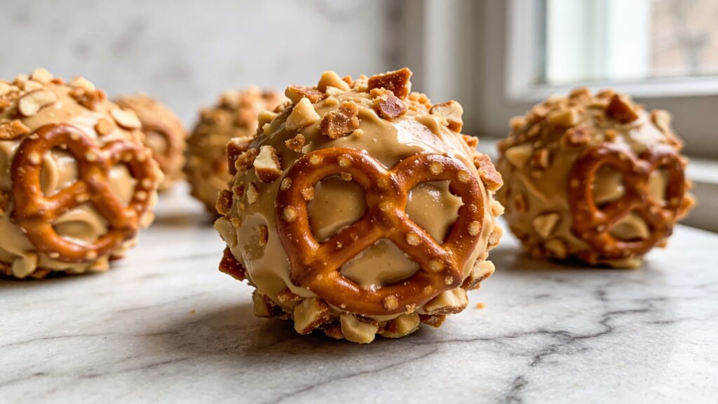 A close-up of finished peanut butter pretzel truffles on a plate, showing the dark chocolate coating and crushed pretzel texture.
