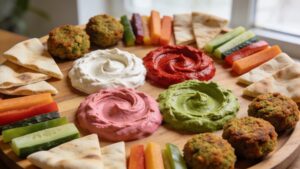 Vibrant four-flavor hummus board with classic, roasted red pepper, beet, and herb-swirled hummus, garnished with pita chips and fresh veggies