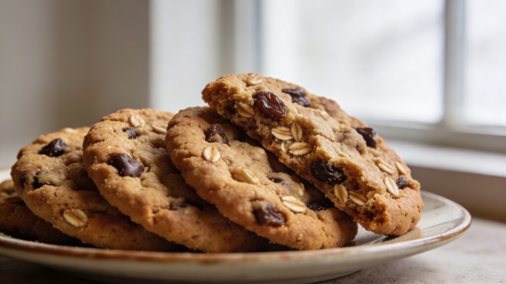 Freshly baked chewy oatmeal raisin cookies with plump raisins on a cooling rack